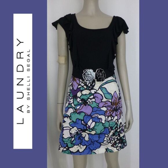 Laundry by Shelli Segal Ruffle and Belted Floral Dress (Stain at Skirt, No Rtns) - Picture 1 of 16